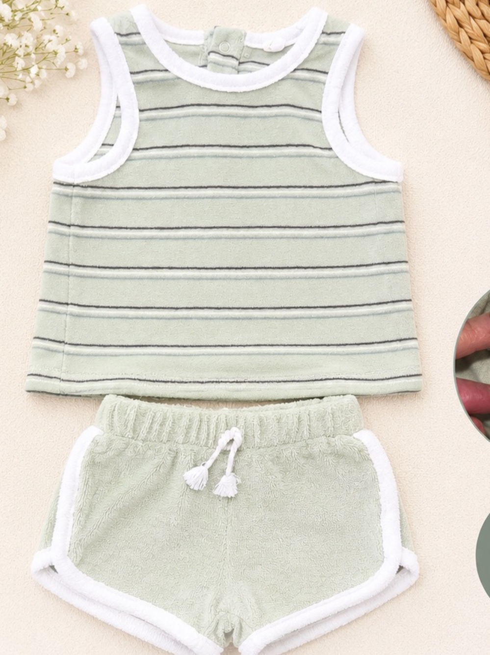 Girls 3-6 months Light Sage Striped Tank & Terry Shorts Set